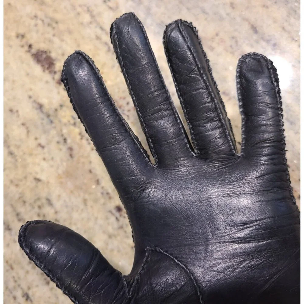 Vintage Size M 7 Black Leather And Knit Handmade Gloves Hammer Of Hollywood